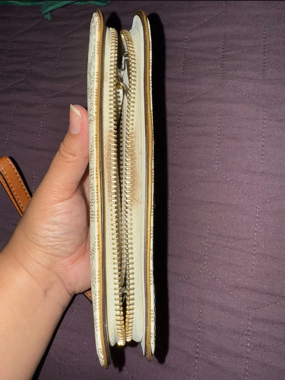 Michael Kors Cream Logo Zip Wristlet with Tan Strap and Gold Hardware